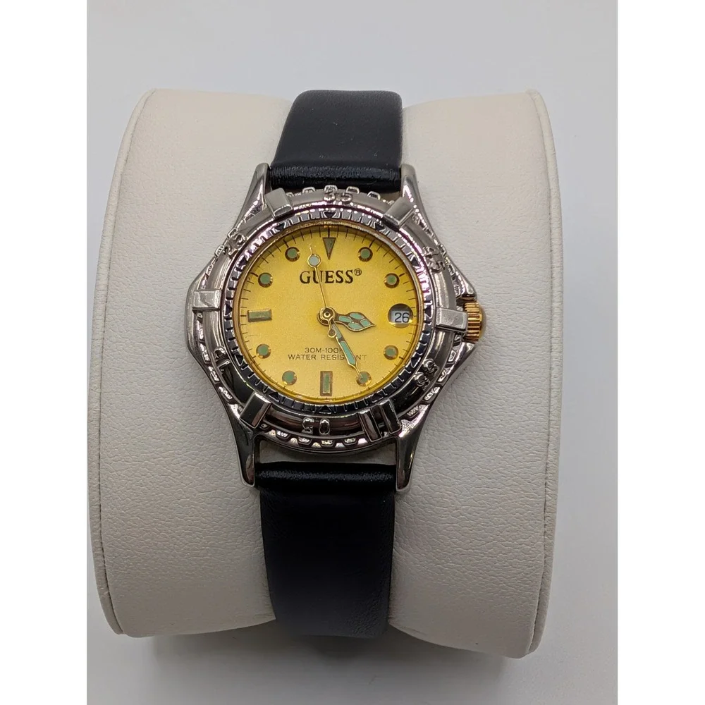 Guess 1995 Yellow Dial Date Watch 30mm Sport Bezel Quartz New Battery New Strap